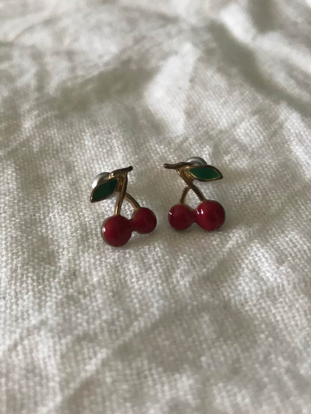 🌷2 for $5🌷 Cherry Stud Earrings Red Green Enamel Gold Tone Fun Minimal